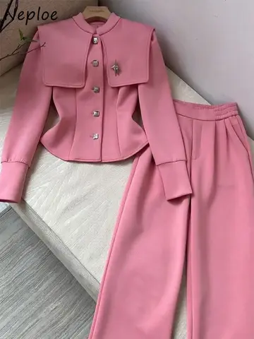 Neploe 2025 Интернет-взрывное пальто со стояком и высокой талией, спортивные женские брюки в западном стиле, комплект из двух предметов, свободный костюм, брюки