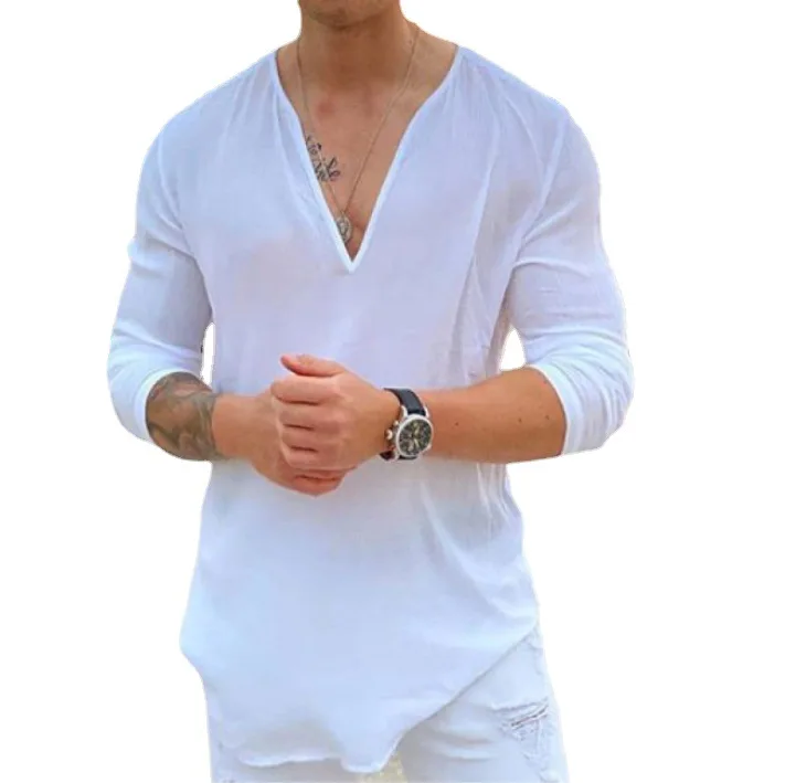 

US size Man Beach Casual Long Sleeve Tees 2023 Summer New Cotton Linen Blended Men's Solid Loose V-Neck White Grey T-Shirts 3XL