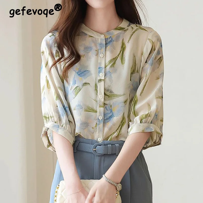 

Summer New Fashion Stand Collar Single Breasted Shirt Office Lady Printing Loose-fitting Three Quarter Sleeve Chiffon Blouse