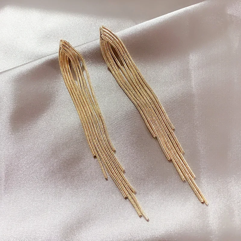 

Vintage Gold Color Bar Long Thread Tassel Drop Earrings for Women Glossy Arc Geometric Korean Earring Fashion Jewelry 2023 New