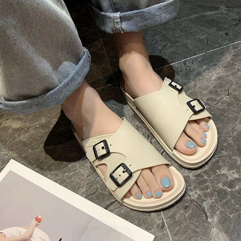 Summer Solid Buckle Female Slippers PVC Anti Slip Fashion Women's Flip Flops 2023 Waterproof Outdoor Pool Female Beach Shoes