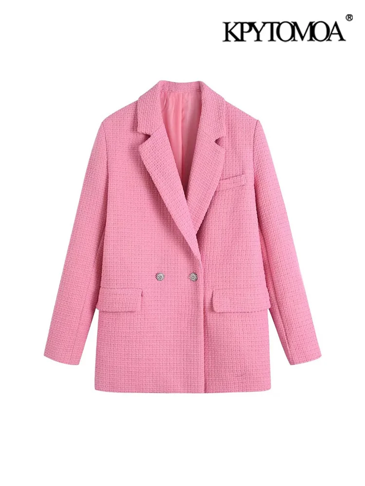 

KPYTOMOA Women Fashion With Rhinestone Buttons Tweed Blazer Coat Vintage Long Sleeve Flap Pockets Female Outerwear Chic Veste