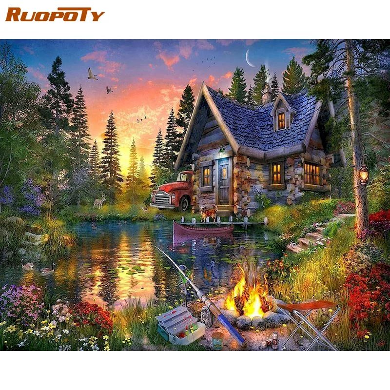 

Картина по номерам RUOPOTY House, самодельный пейзаж, рамка, ручная роспись, уникальный подарок, настенное искусство, холст для раскрашивания по н...