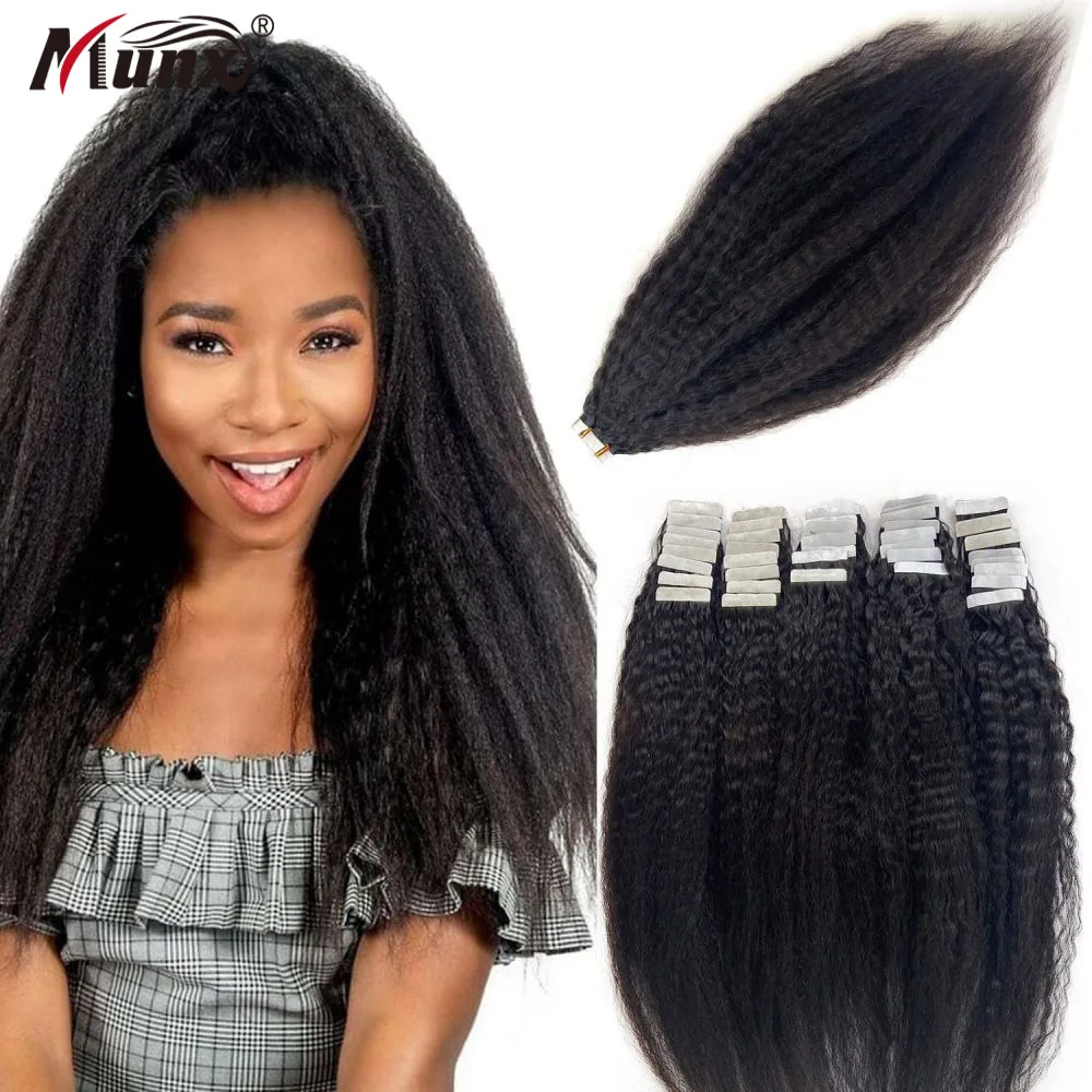 Kinky Straight 40 Pieces Tape in Hair Extensions Human Hair for Black Women 100G Skin Weft Human Hair Extensions for Short Hair