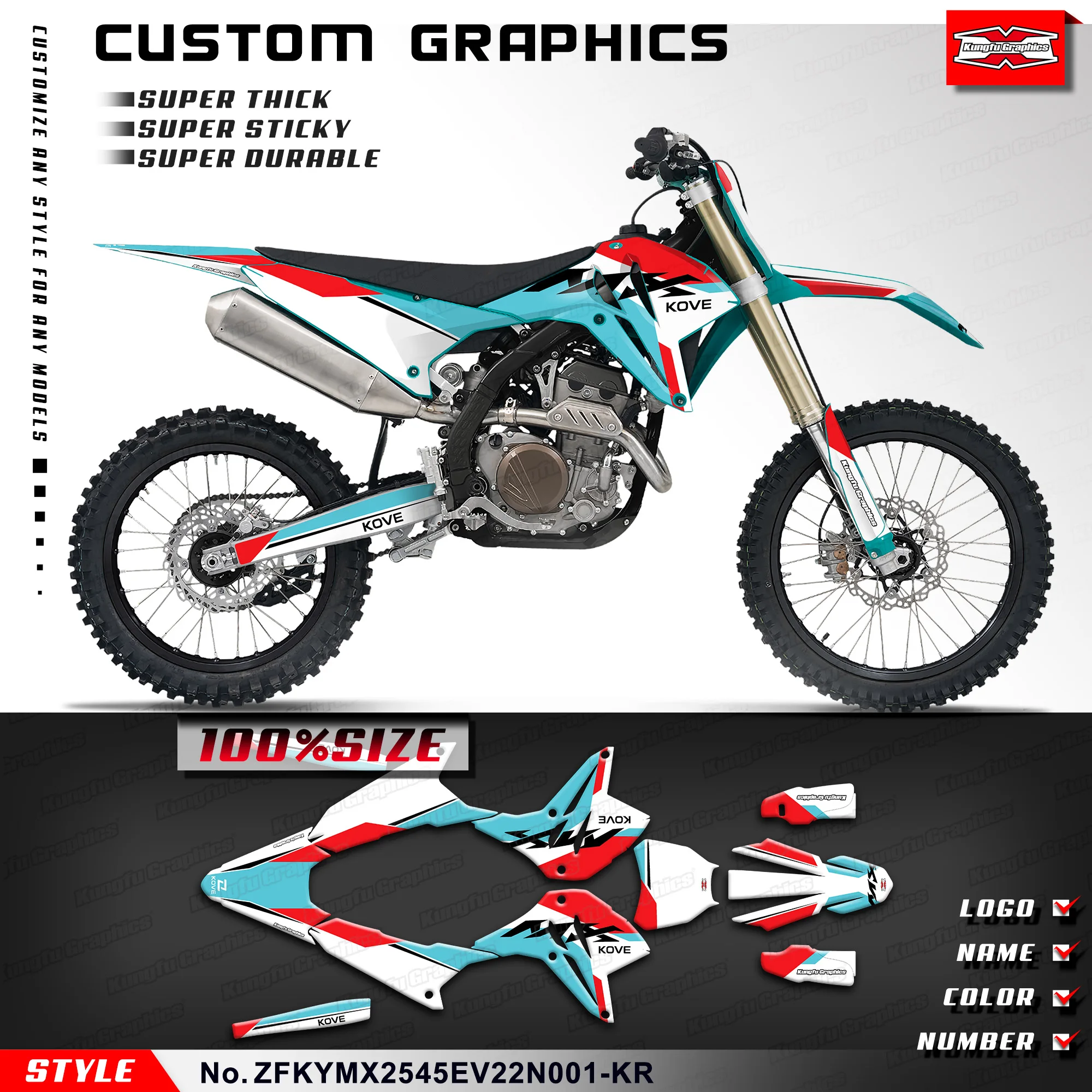 

KUNGFU GRAPHICS мотоциклетные наклейки клей для KOVE MX 250 MX250 GEN2 MX 450 MX450, наклейка для мотокросса, ZFKYMX 2545EV22N001-KR