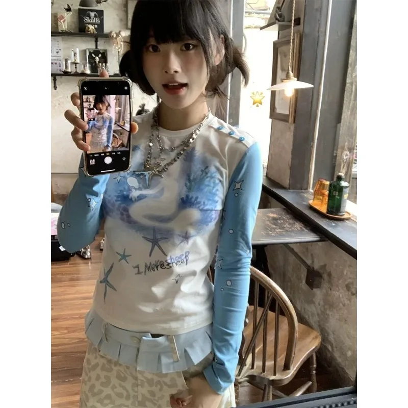 Футболка женская с круглым вырезом длинным рукавом и принтом морской звезды