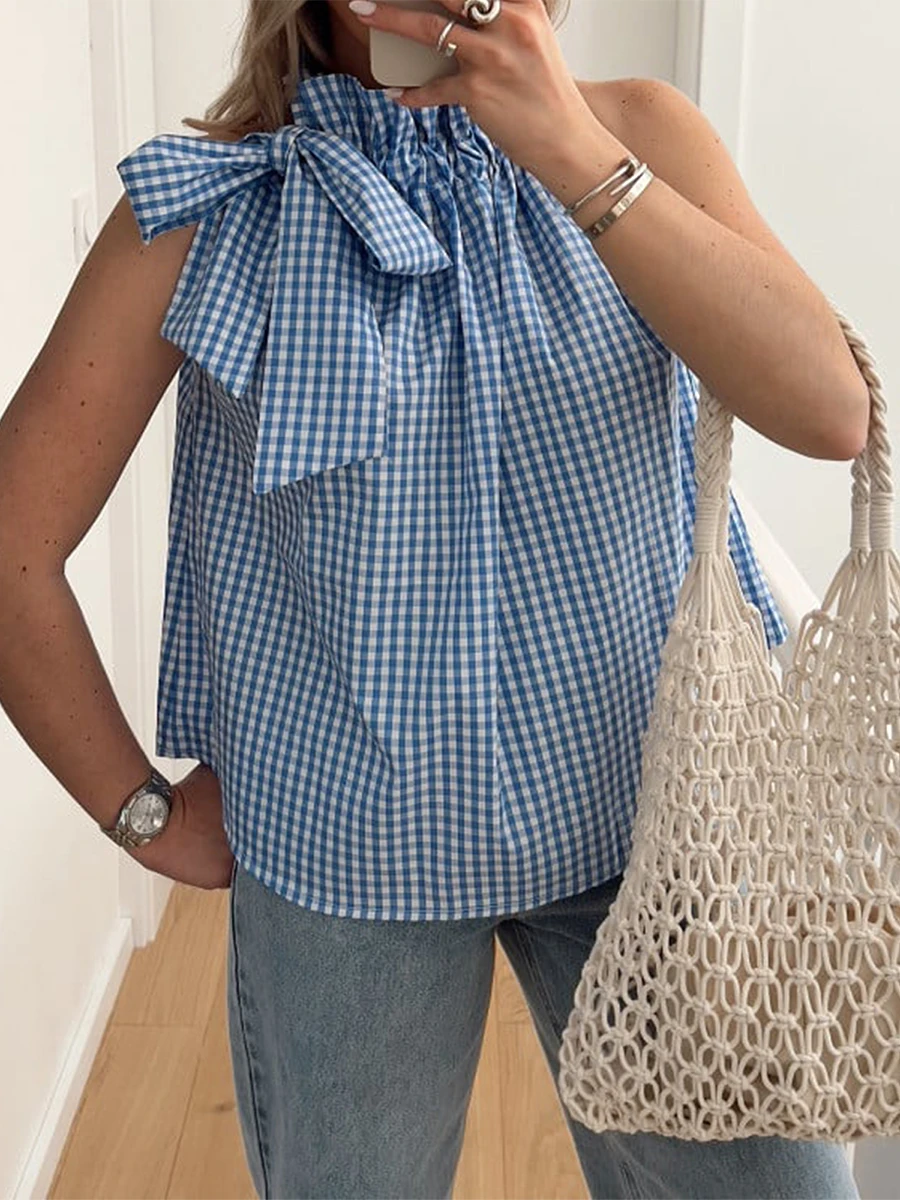 Женская майка с лямкой на шее Y2k топ ложным воротником в клетку Повседневная