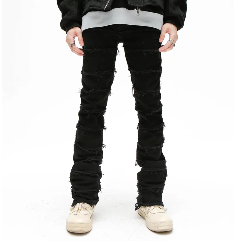 Erosion Damaged Ragged Edge Jeans Men's Fashion American High Street Straight Tube Slim Micro Flare Pants