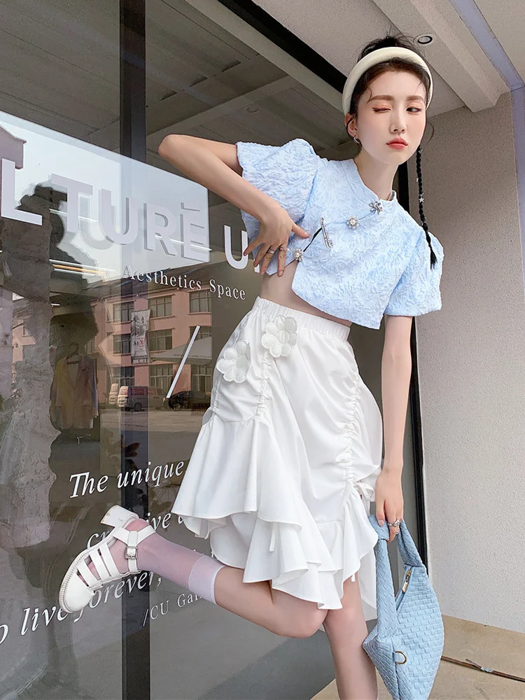

Korea Chic Solid Color Asymmetrical Ruffles High Waist Pleated Skirt Faldas All-match Clothing 2022 Summer New B865