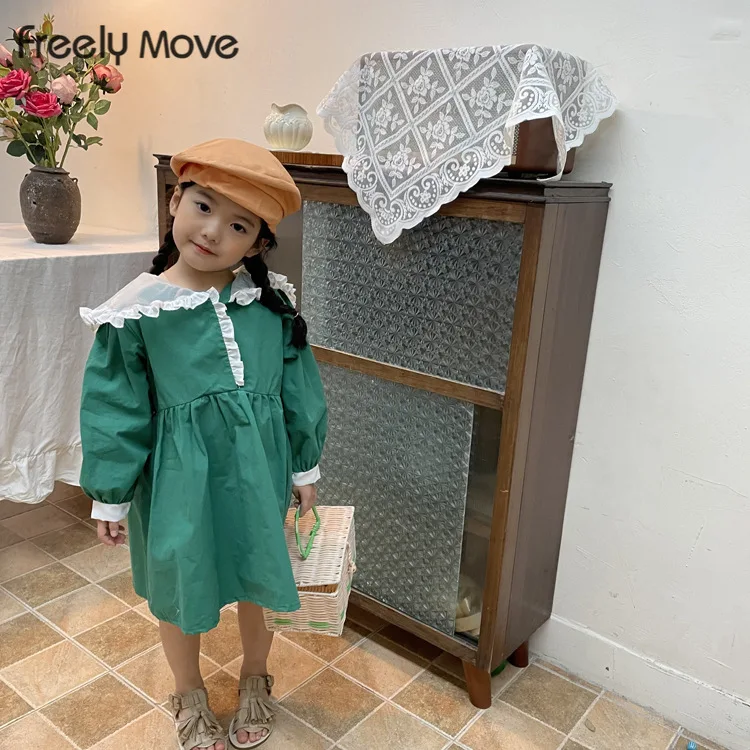 

Freely Move Spring Girls Dress Korean Ruffles Big Lapel Splice Puff Sleeve Princess Dress Baby Kids Clothes Children'S Clothing