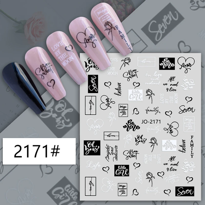 

New Black and White Heart English Alphabet Nail Art Stickers Nail Decoration Abstract Flowers Face Nail Decals Nail Art Supplies