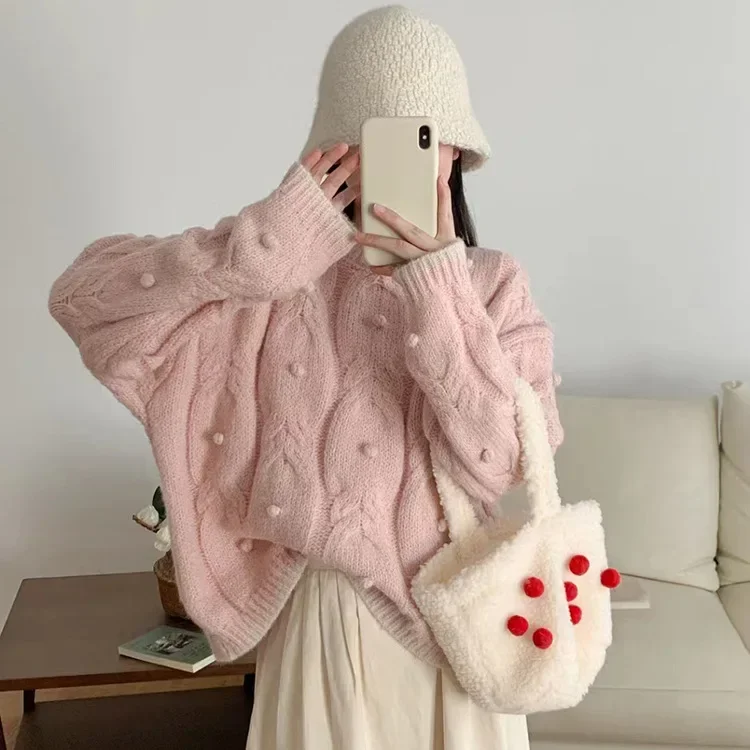 

Thick Warm Womens Sweaters Loose Bottoming Shirt Solid Color Retro Jumper Knitted Sweater Autumn and Winter Knitted Pullovers