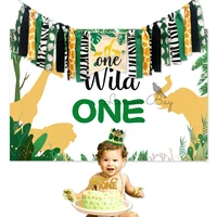 baby birthday jungle animal party tableware pull flag birthday decoration banner plate straw paper cup ins green party flag 393