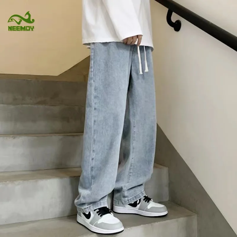 Neemoy Casual Baggy Jeans Men's Korean Fashion Wide Leg Pants High Street Casual Loose Trousers Male Clothing Light Blue