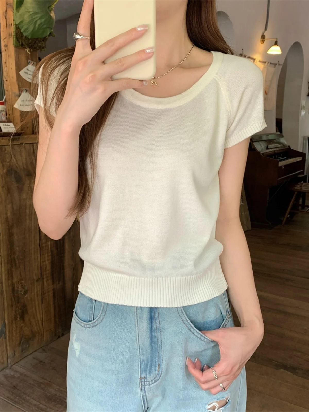 Французский sle элегантный реглан с круглым вырезом из ледяного шелка вязаный