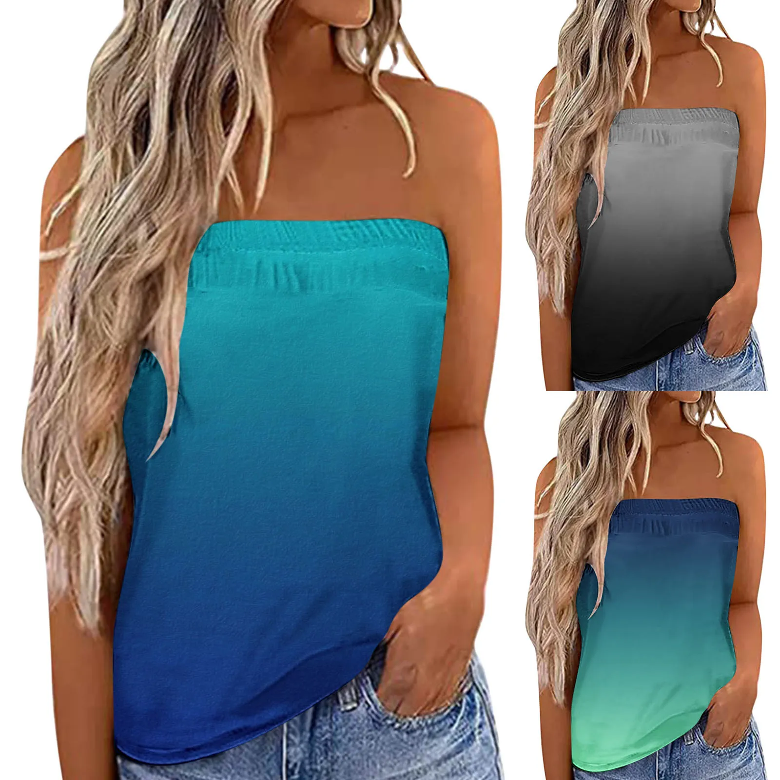 

Women Gradient Strapless Bandeau Tank Casual Sleeveless Business Women Clothing Bra Straps Replacement Thin Black