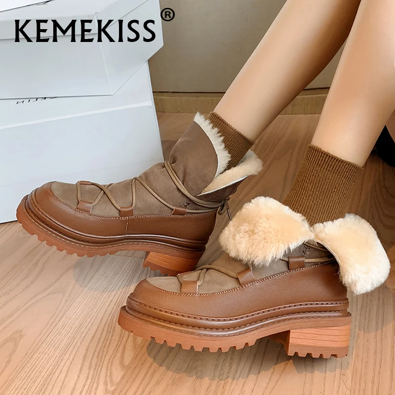 

KemeKiss 2023 New Women Ankle Boots Genuine Leather Thick Fur Warm Winter Shoes Woman Fashion Ins Snow Boots Footwear Size 34-40