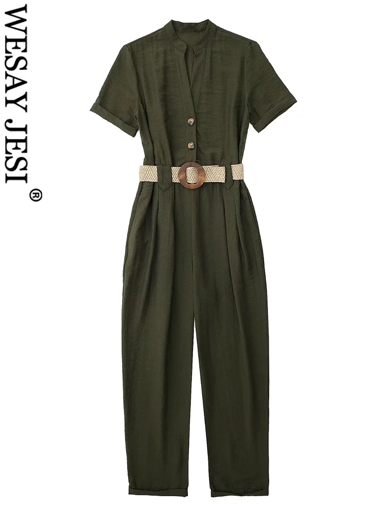 

WESAY JESI High Street Fashion Dark Green Women's Short Sleeve Jumpsuit Casual Loose Chic Belt Two Button V Neck Cargo Pants New