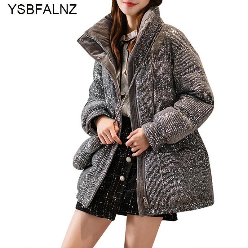 

Пуховик с блестками, Женское зимнее пуховое пальто, новая Корейская свободная теплая парка с талией, пальто, зимняя куртка, женские пальто