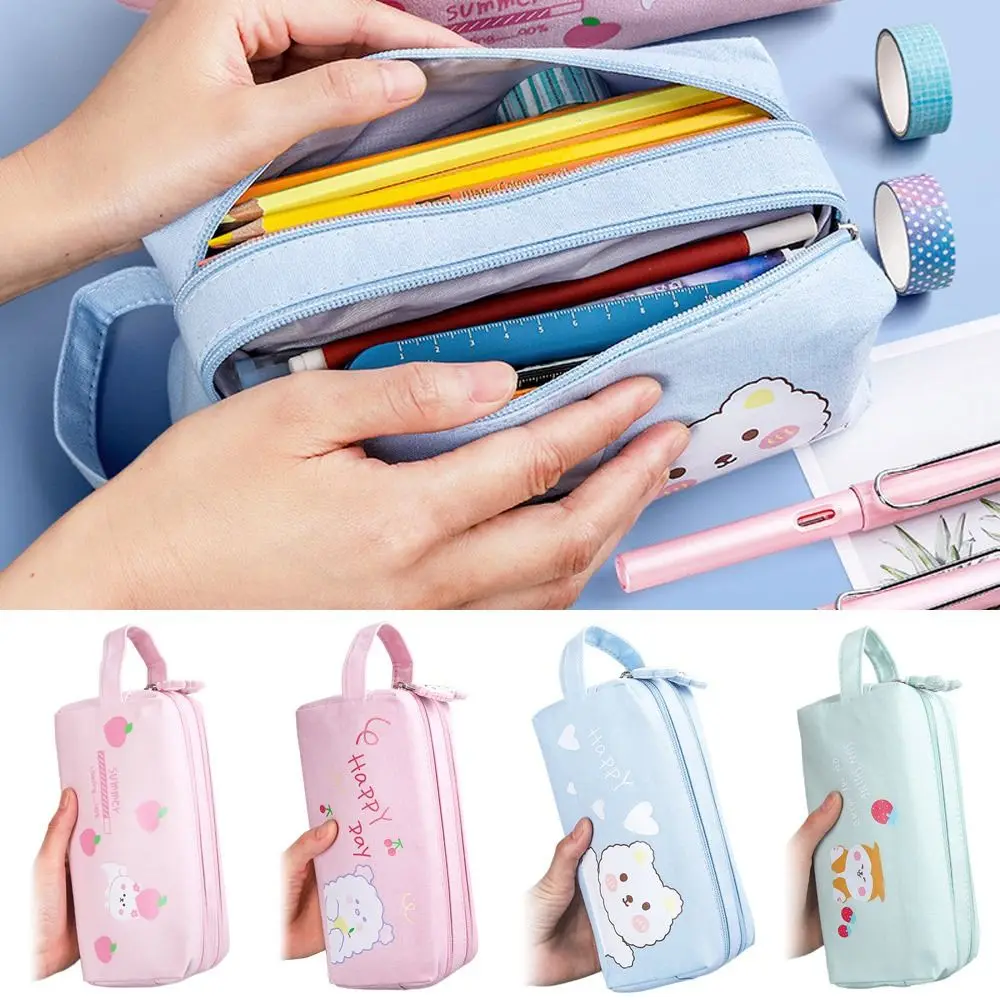 

Student Supplies Creative Portable Double Canvas Stationery Bag Stationery Box Simple Large Capacity Pencil Bag