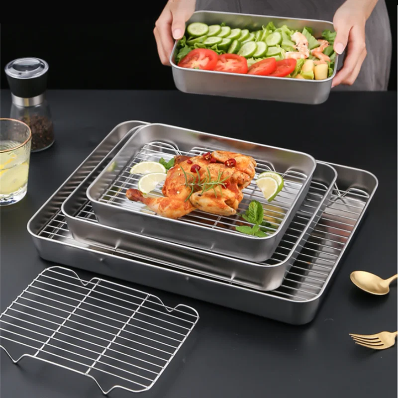 

Rectangle Stainless Steel Bakeware with Baking Cooling Rack Non-stick Cake Pan Oven Tray Bread Pizza Dish Kitchen Cooking Plate