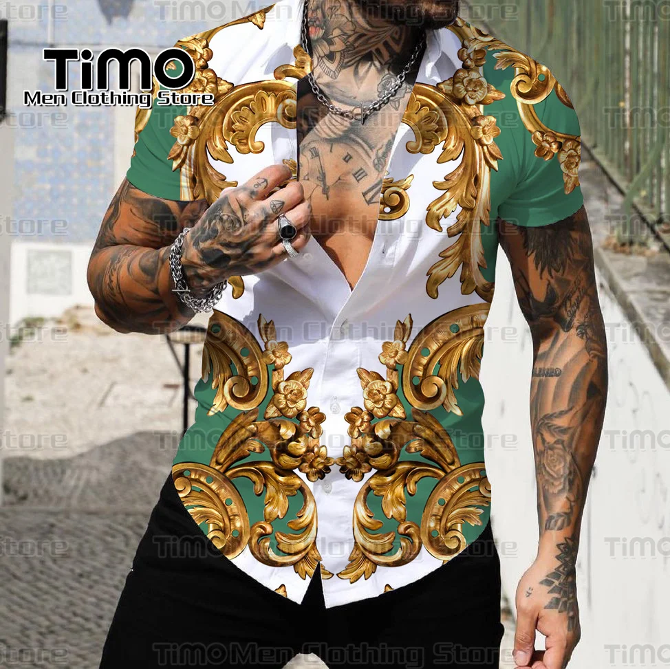 2023 Luxury Men's Shirts Fashion Chain Printing Trend Casual Short Sleeve Shirts High Quality Men's Business and Social Clothing