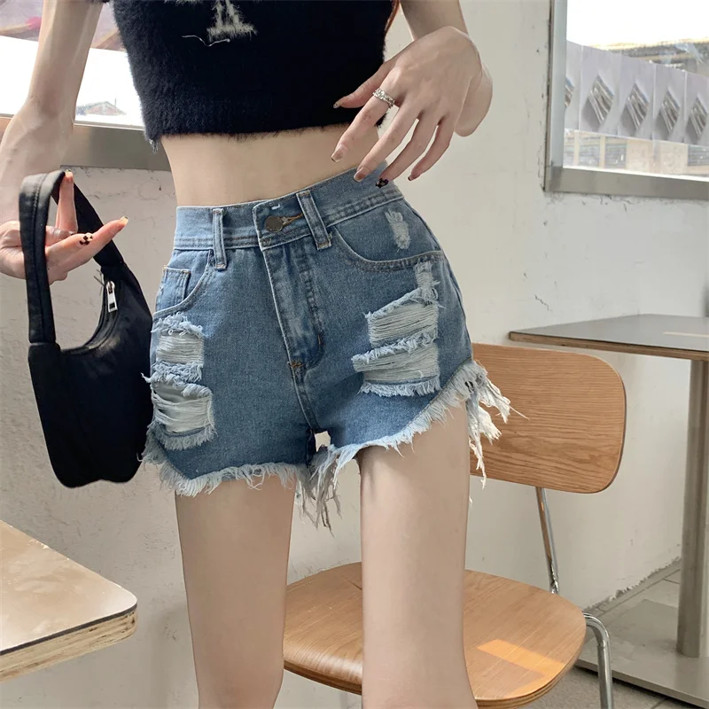 GDZS Summer Women's Casual Fashion Hole Denim Shorts streetwear Korean High Waist Blue A-line Pants Ladies Sexy Pocket Short