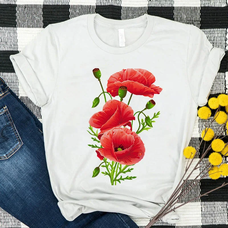 

Harujuku Kawaii Red Flower TShirt Women Korean Style Fashion T-shirt Ladies Clothing Ulzzang Graphic Female T Shirt Tops Tees