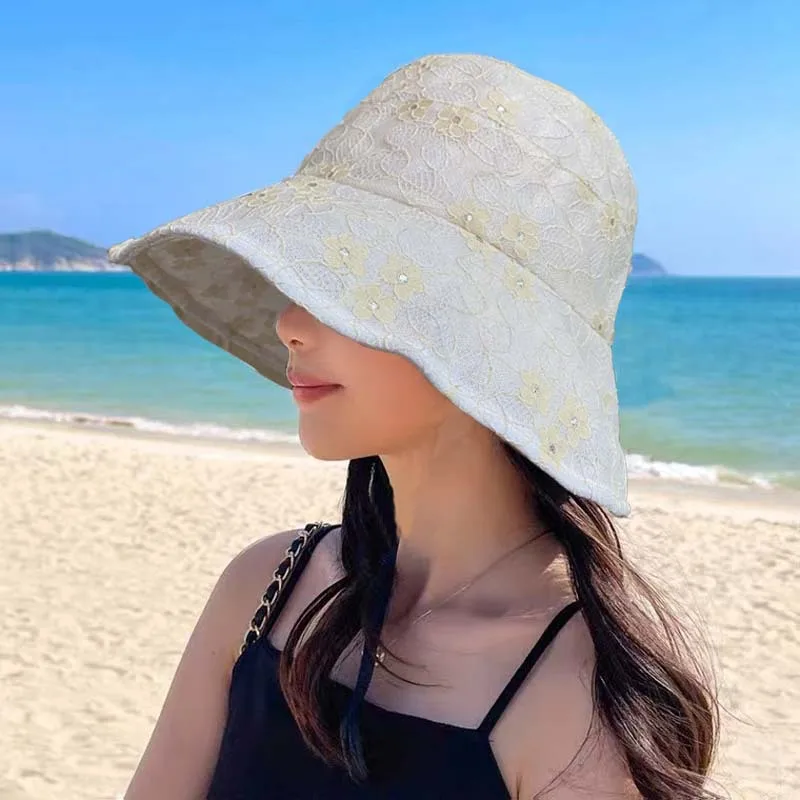 

Sun Korean seaside Vintage Elegant Lace Bucket Hat Women Summer Beach Sun Hats Fashion Korean caps Breathable Fisherman cap