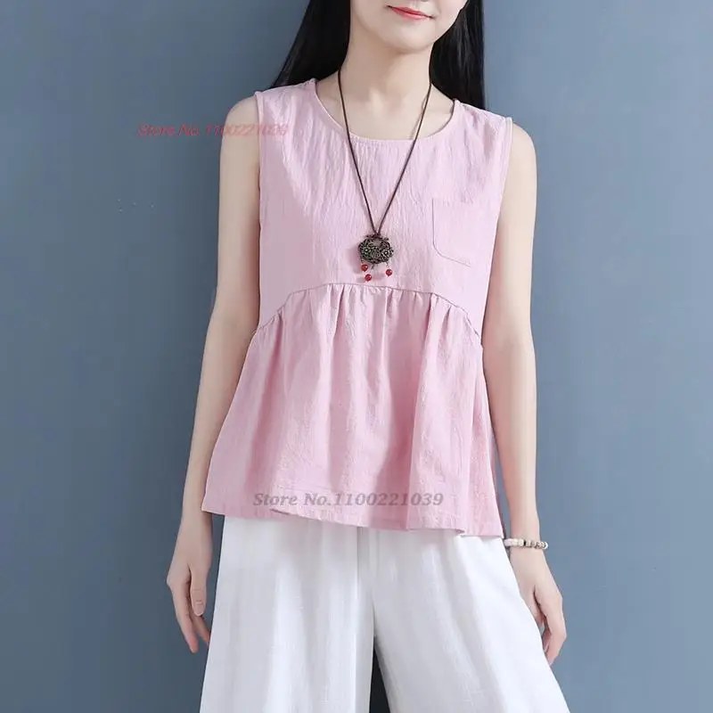 

2023 chinese vintage tank tops camisole women's national cotton linen sleeveless vest o-neck shirt oriental feminino streetwear
