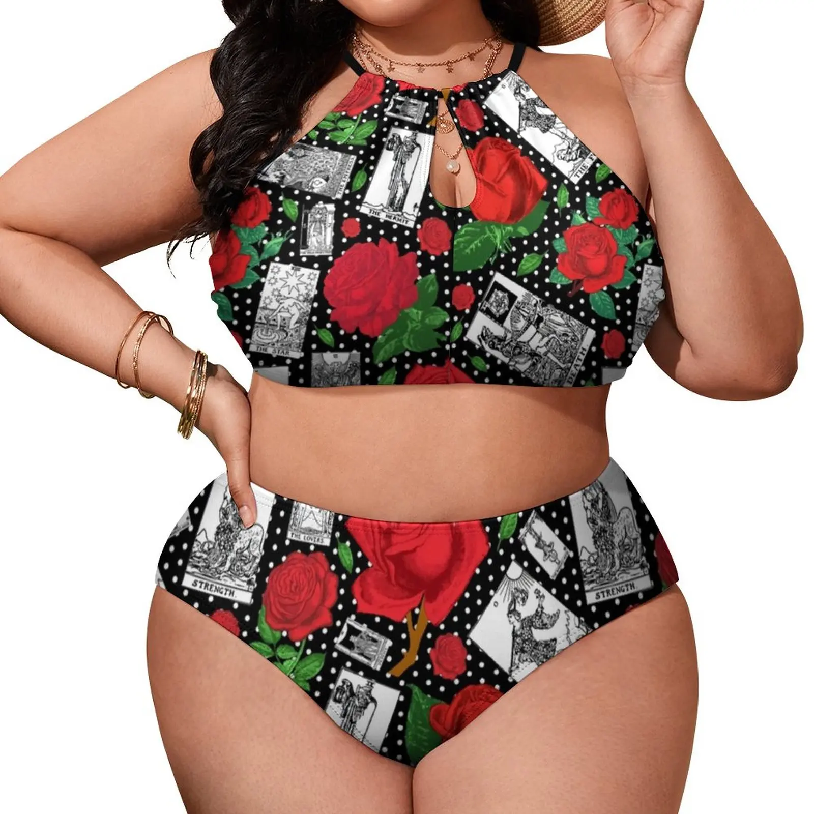 

Sexy Tarot Cards Print Bikinis Set Red Roses Bikini Swimsuit Push Up Cute Swimwear Strap Design Swimsuits Beach Wear Plus Size