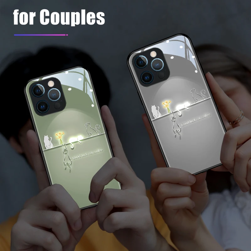 

Couples Cute Cat LED Light Glowing Luminous Tempered Glass Phone Case for Samsung S21 S22 S23 Note 10 20 A14 A53 A73 Plus Ultra