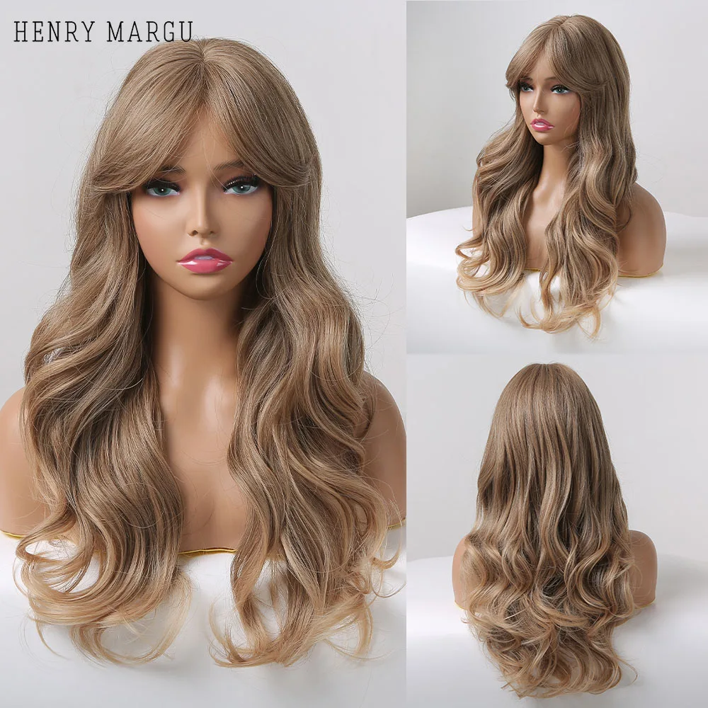 

HENRY MARGU Ombre Brown Blonde Synthetic Wigs with Bangs Long Wavy Natural Wig for Women Cosplay Party Hair Wigs Heat Resistant