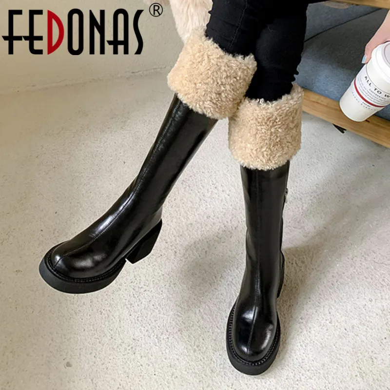 

Женские сапоги до колена FEDONAS, черные теплые сапоги из воловьей кожи, элегантная обувь для офиса и вечеринки на осень и зиму 2021