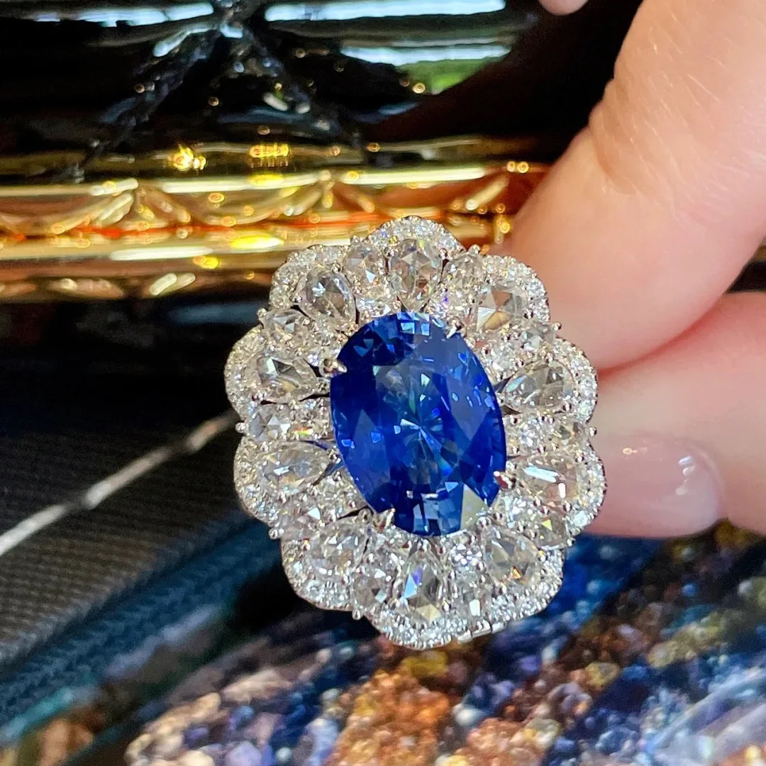 

Luxury Retro Women's Bohemia Rings with Blue Zircon 925 Sterling Silver Ring Necklace Chain Evening Party Cocktail Jewelry