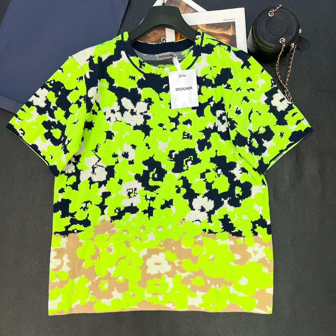 

2022 New Chic Women Pullover Knitted Tops High Quality Tops Runway Designer Short Sleeve O-Neck Blouse