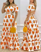 2022 summer new womens elegant heart shaped printed off shoulder cut out lace up back dress womens party casual dress