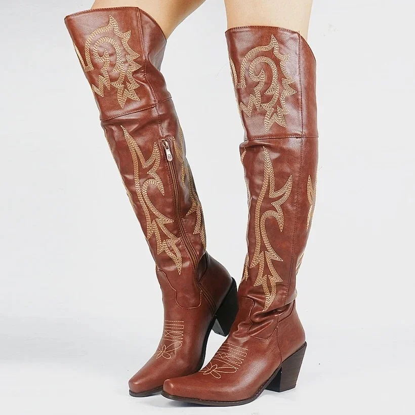 2023 New Western Cowboy Boots Retro Printing Knight Boots Women Chunky High Heels Knee High Boots Ethnic Shoes