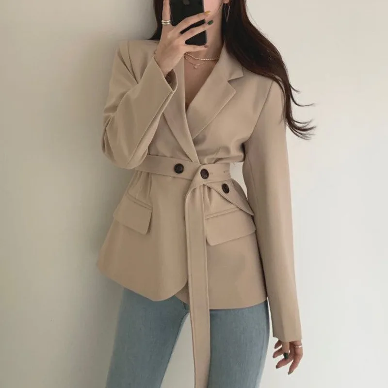 Spring Autumn Chic Blazer Ladies Elegant Fashion Lapel Slim Waist Belted Women Suit Jackets Single-breasted Outwear Casual Coat