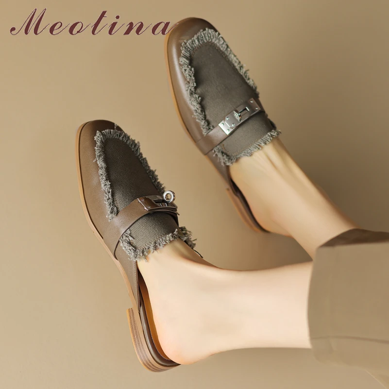 

Meotina Women Mules Square Toe Flats Metal Decoration Concise Brand Design Ladies Fashion Casual Shoes Summer Apricot Brown