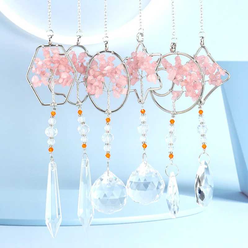 

Natural Mineral Pink Crystal Gravel Tree Of Life Interior Curtain Ornament Home Hanging Reiki Healthy Crystal Pendant Decoration