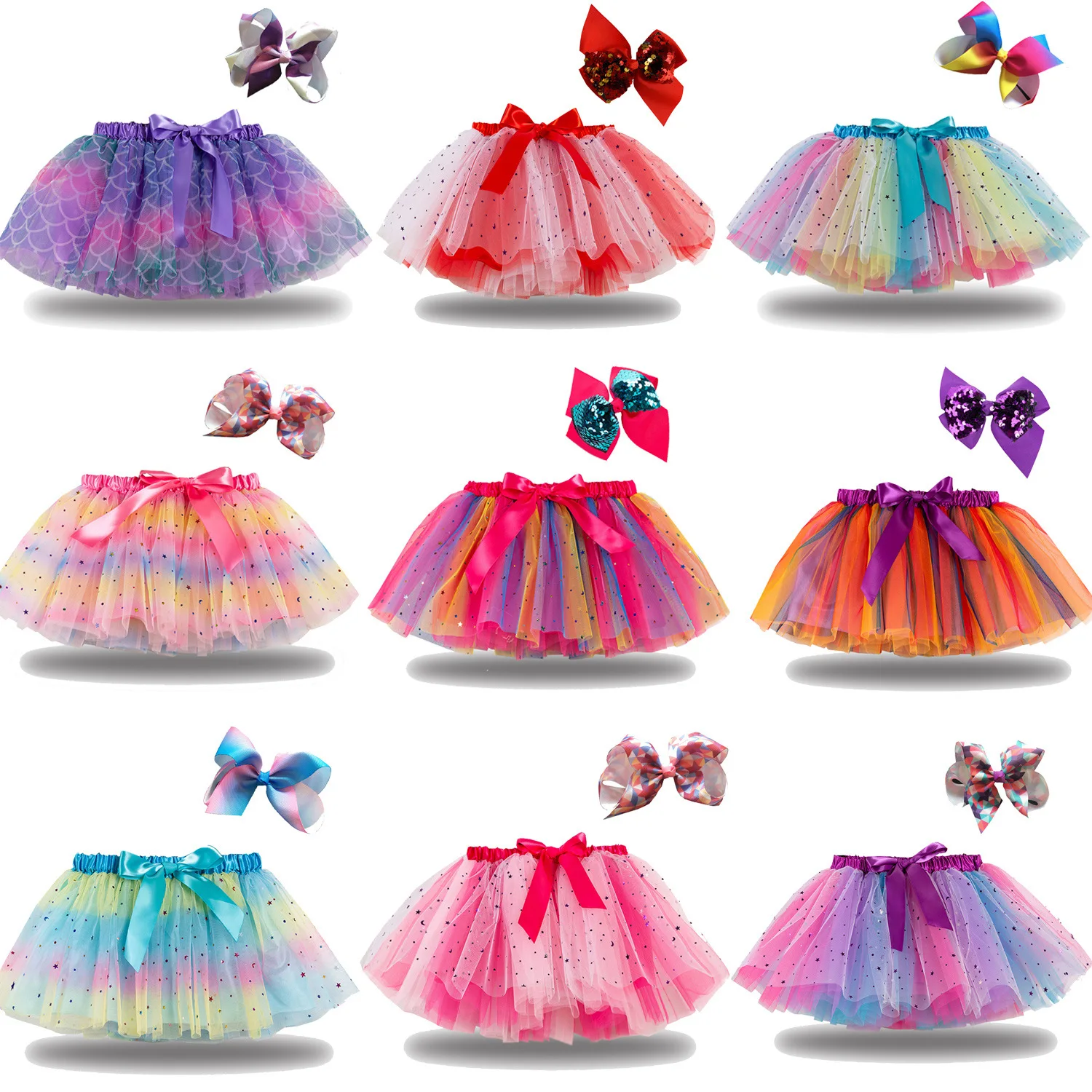 

Summer 2-8y Girls Rainbow Tutu Skirts for Kids Girl Children Ball Gown Bubble Skirt Pettiskirt Puffy Skirt Send Bow Bobby Pins