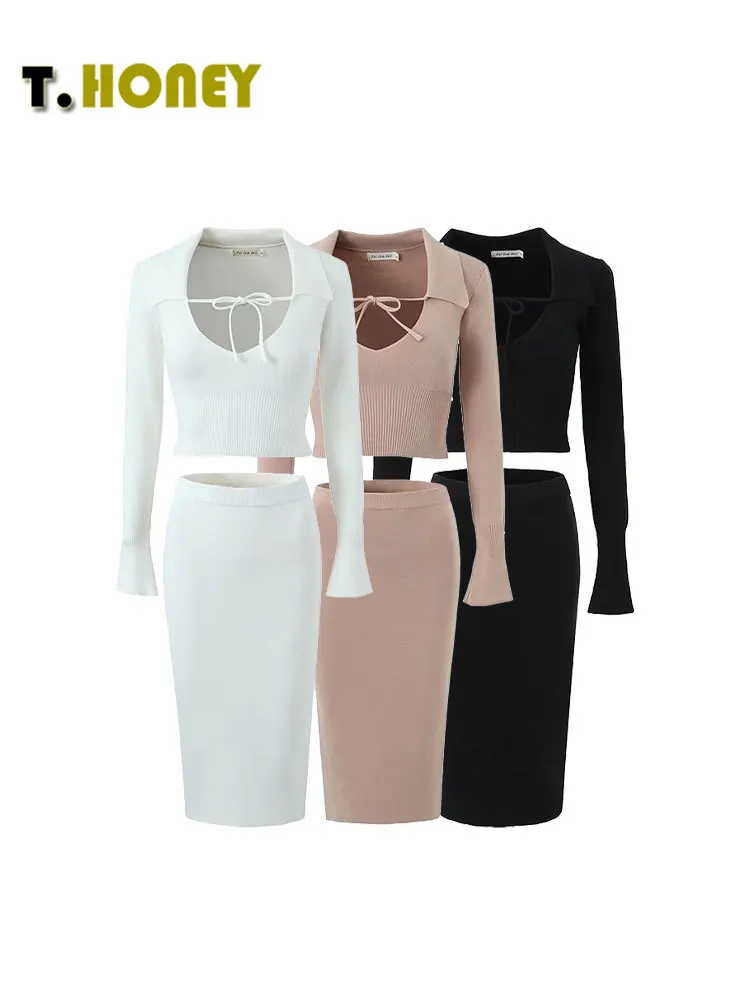 

TELLHONEY Women Fashion V-Neck Lace Up Long Sleeves Tops Elastic Waist Midi Skirt Sexy Knitted Slim Fitting Two Piece Set