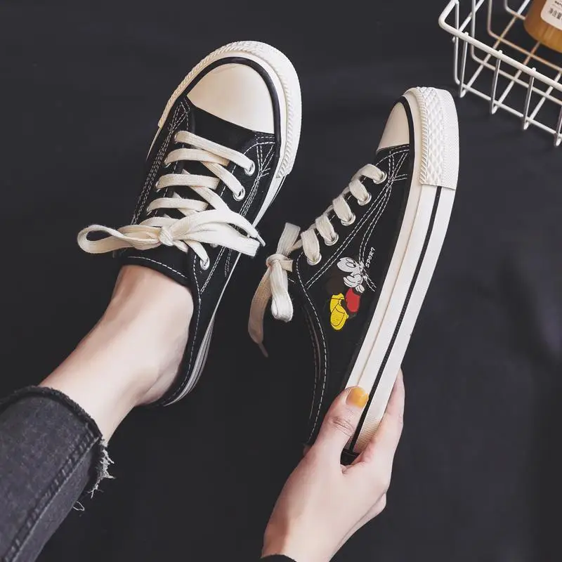 Disney 2022 New Small White Shoes Without Heels Half Slippers Canvas Shoes Women's Mickey Flat Bottomed Versatile Half Support