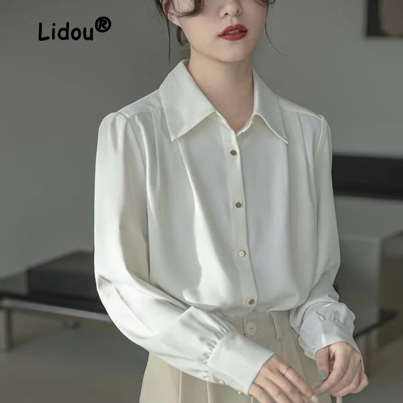 

Occupation Office White Single-breasted Blouse Women New Long Sleeve Polo Collar Fashion All-match Temperament Lady Shirt 2022