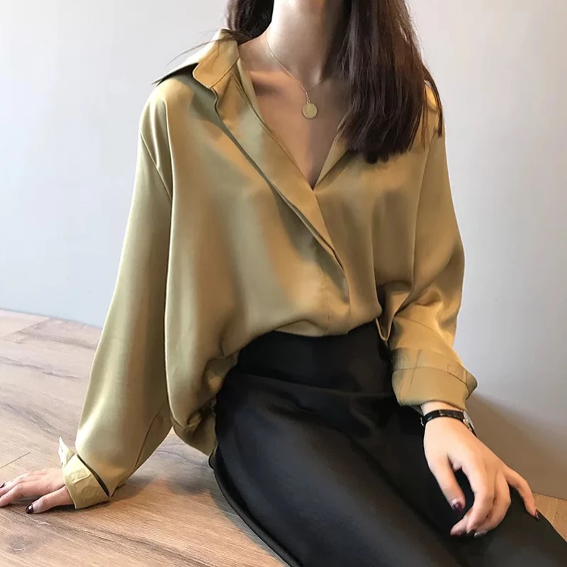 

2022 Summer Shirt Fashion Long Sleeve Satin Women's Shirt Vintage Street Silk Shirts Elegant Imitation Blouses and Shirts