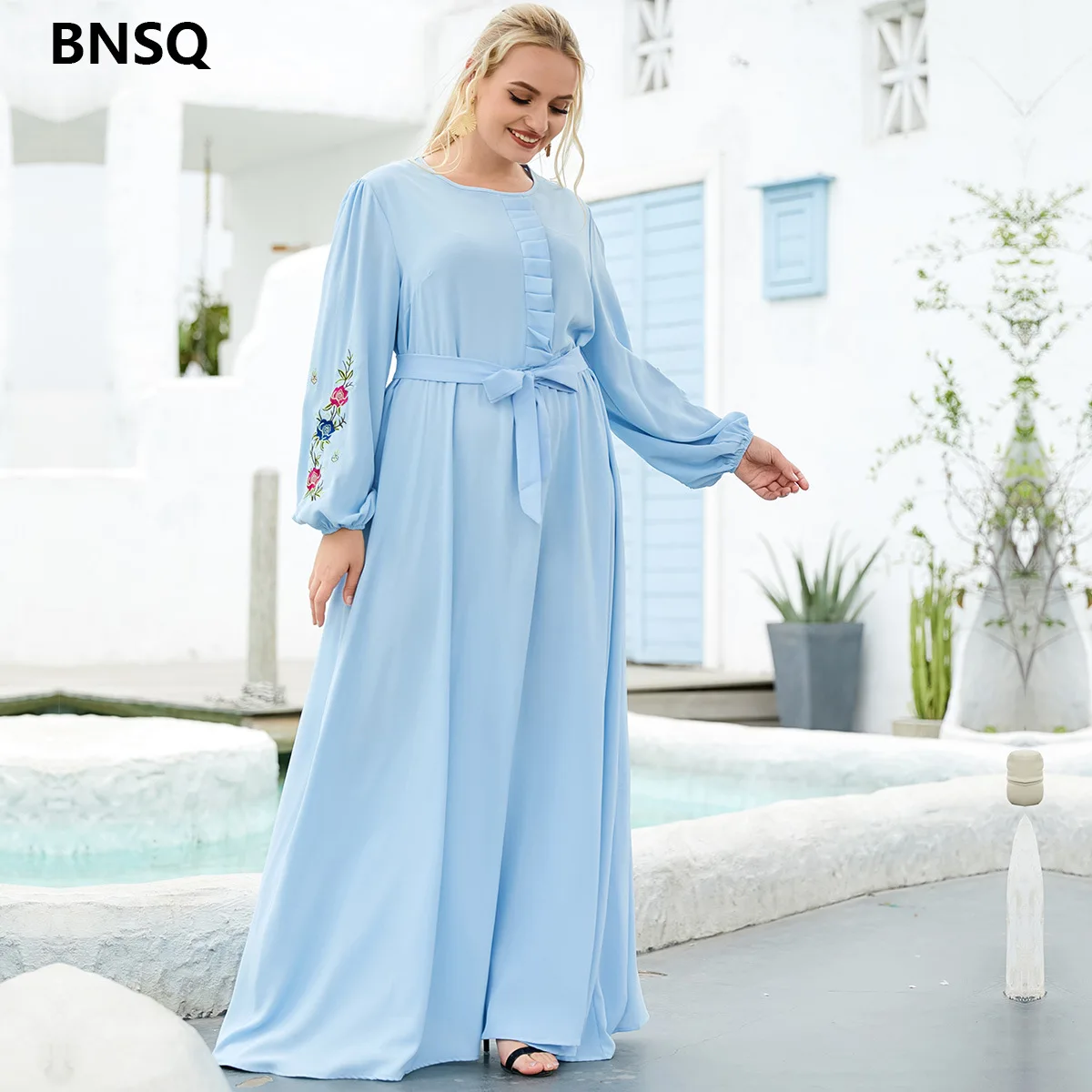 

Embroidery Blue Long Dress Adjustable Waist Modest Dress Muslim Fashion Abayas Robe Dress African Long Dresses for Women Eid