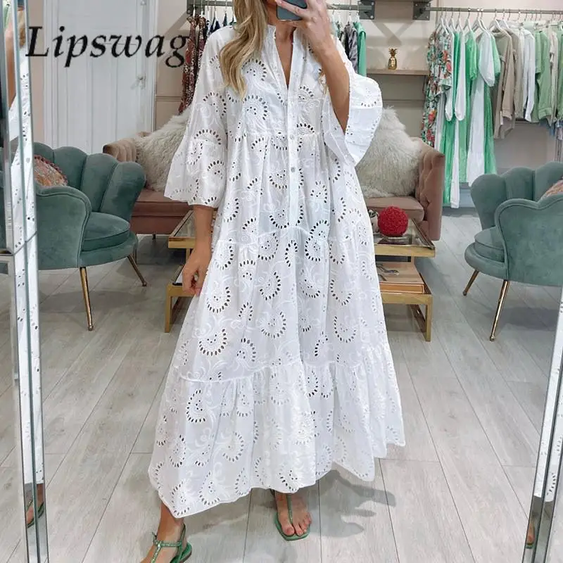 

Fashion Hollow Solid Flared Sleeve Dress Women Loose Button Stitching Long Dress Summer V-Neck Sexy Party Three Quarter Dress