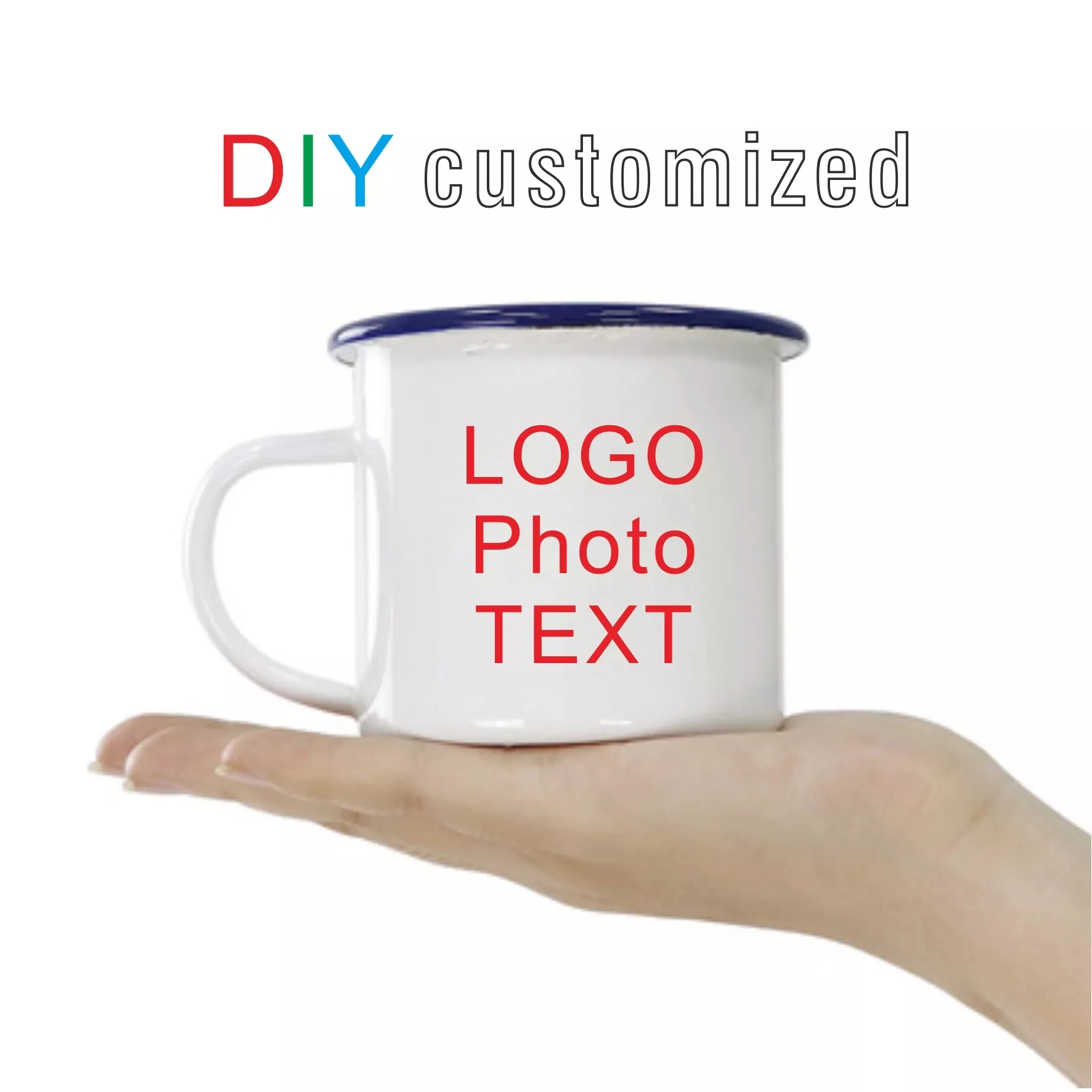 

350ML Enamel Coffee Mug DIY LOGO Photo Text for Travel Tea Cup Custom Milk Enamel Personalized Gift Blue Black Silver Color Rim