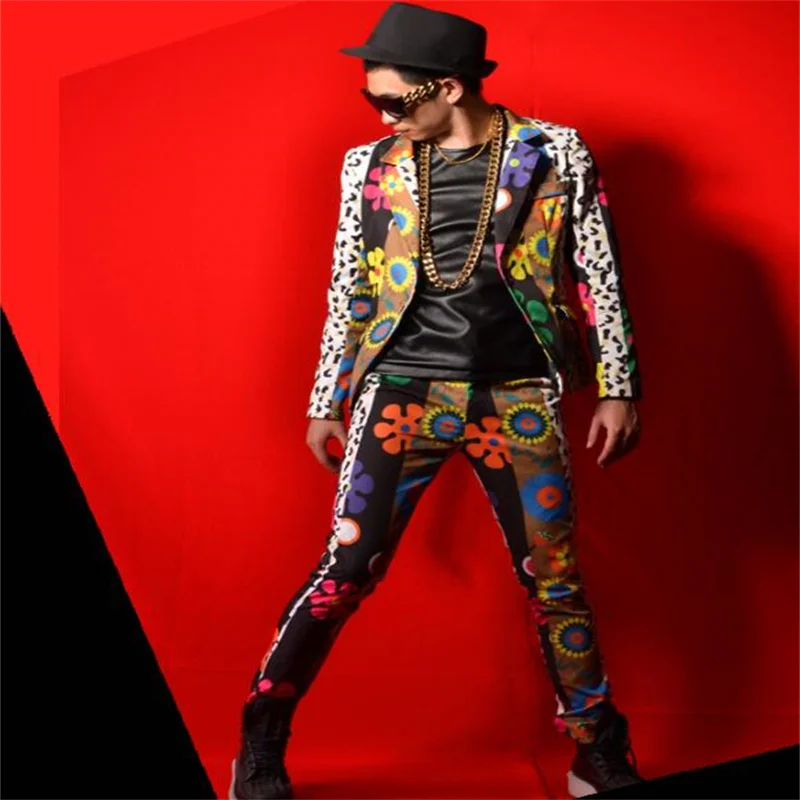 Nightclub male suits mens blazers singer colorful flower suit big-name bar costume accessories stage dance